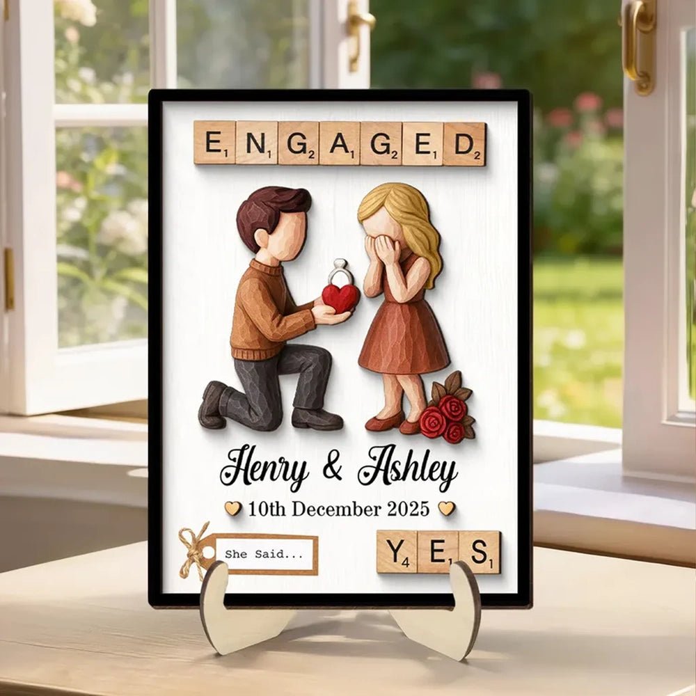 2-Layer Wooden Plaque with Engaged Couple Proposal Scene and 'She Said... Yes' - Personalized Keepsake Gift for Couples