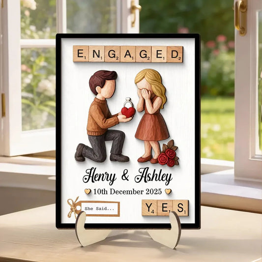2-Layer Wooden Plaque with Engaged Couple Proposal Scene and 'She Said... Yes' - Personalized Keepsake Gift for Couples
