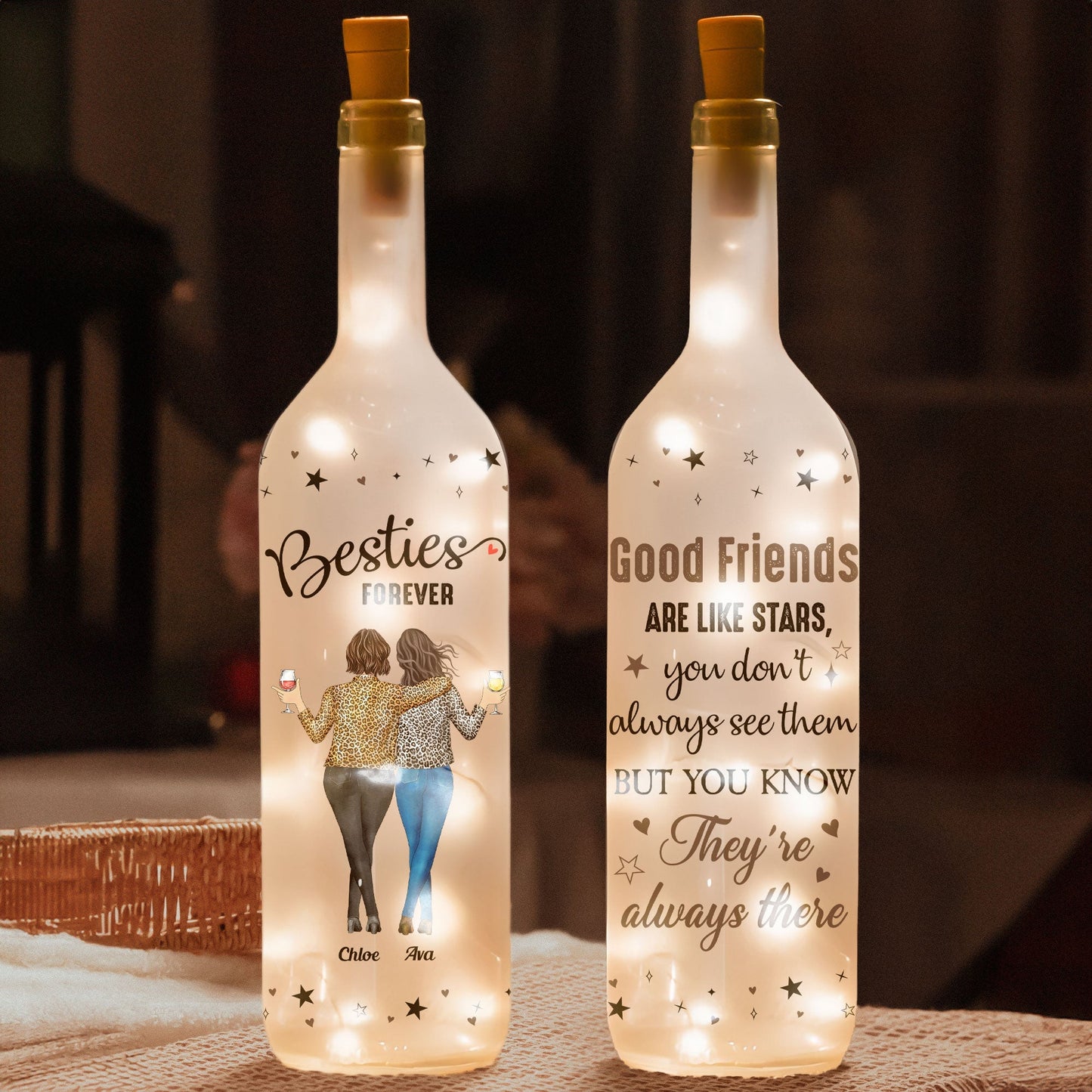 Friendship Bottle Lamp with Clear Print and Twinkling Light Design, Warm Decorative Accent, Gift-Ready for Best Friends and Loved Ones