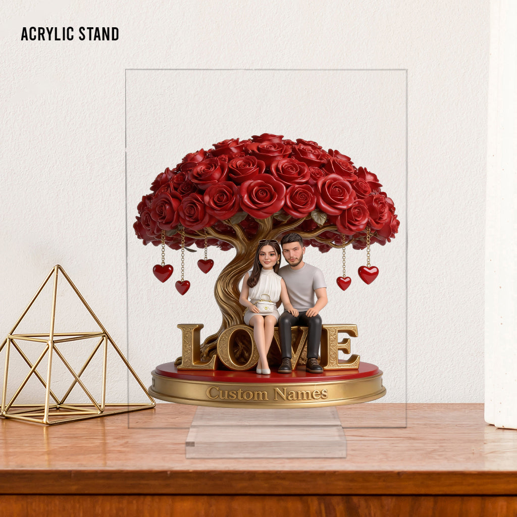 Custom Personalized Old Couple Figurine Statue under Red Rose Heart Tree, Engraved Name Anniversary Wedding Gift Home Decor Sculpture