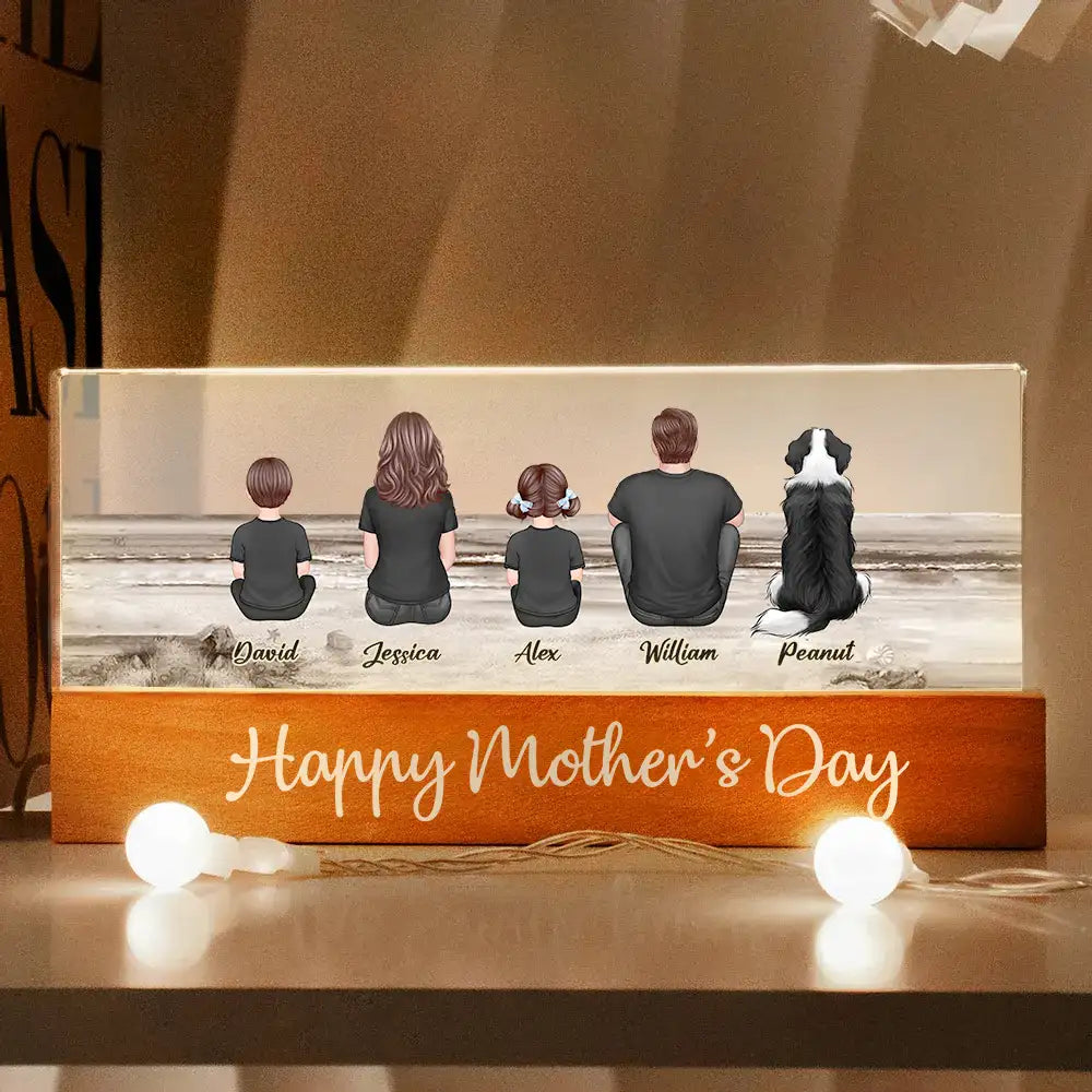 Family Sitting Back View Retro Vintage Beach Landscape Block LED Light Plaque, Mother's Day Gift Featuring Children and Pets