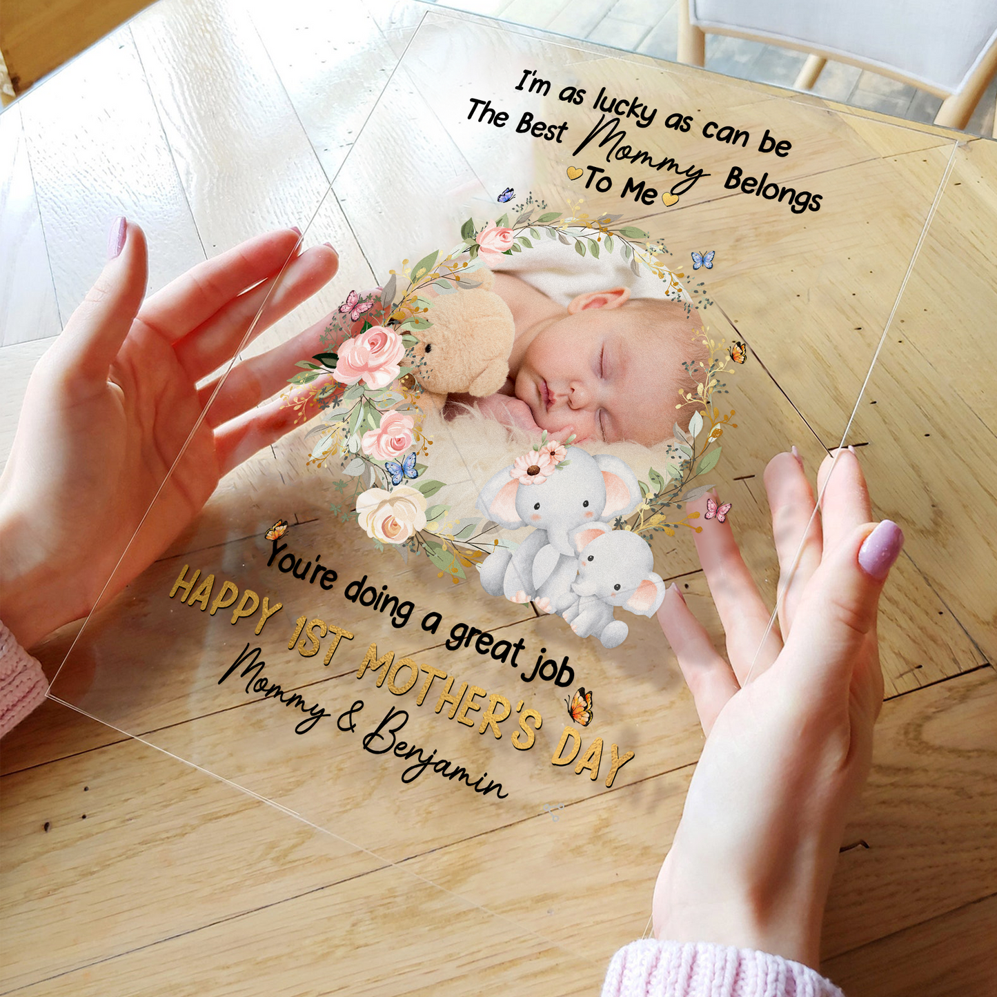 Personalized Baby Plaque with Sweet Floral Elephants Design