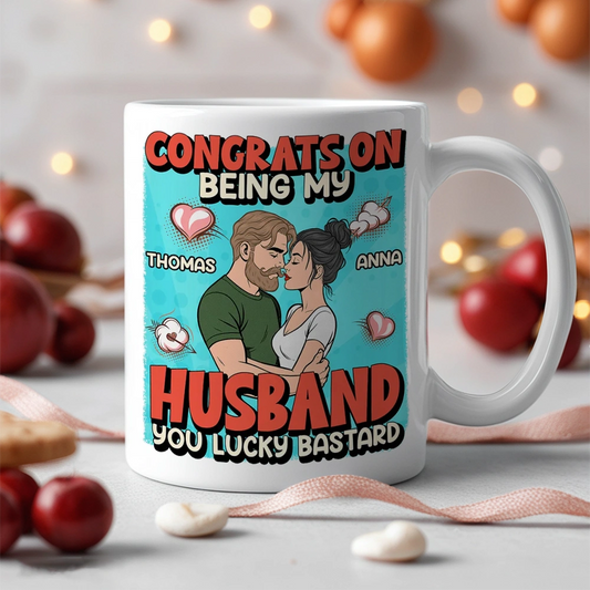 Personalized Ceramic Mug Congrats On Being My Husband Cute Cartoon Couple Hugging Funny Unique Gift For Him