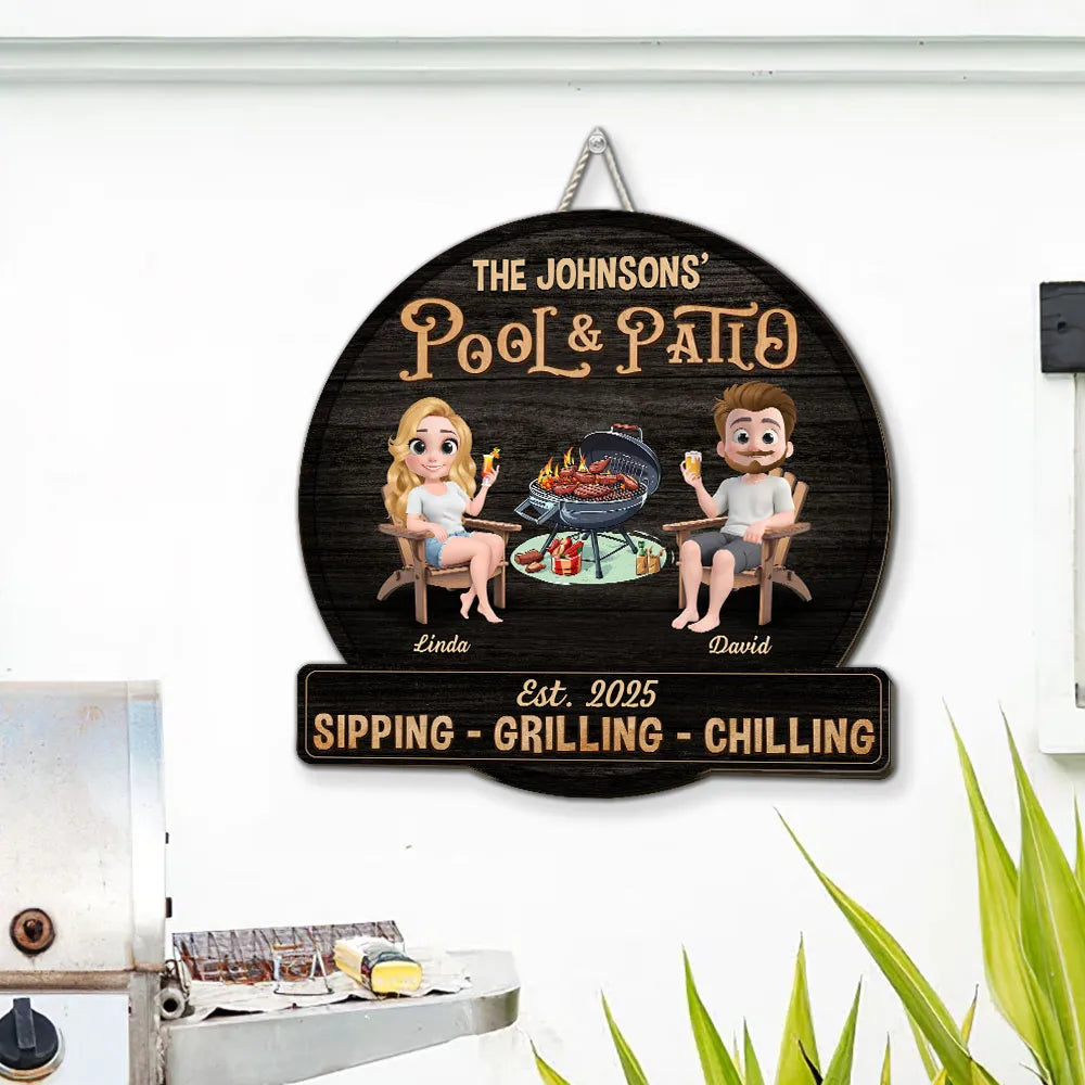 Personalized Pool & Patio Wooden Sign with Cute Couple Cartoon and Grill Scene, Unique Backyard Decor Gift