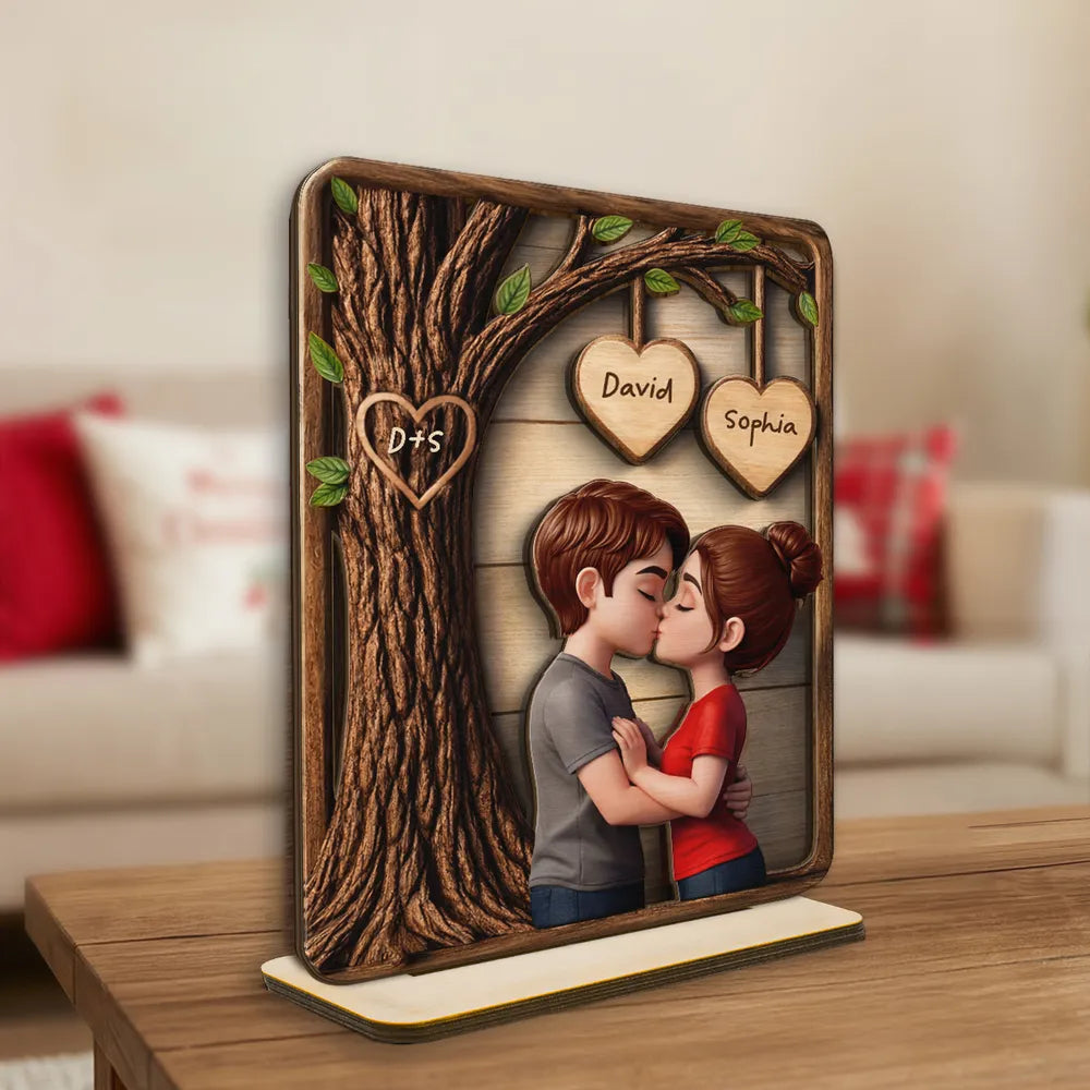 Personalized 2-Layer Wooden Plaque with Kissing Couple Under Tree for Desk or Shelf, Romantic Unique Gift for Her or Him