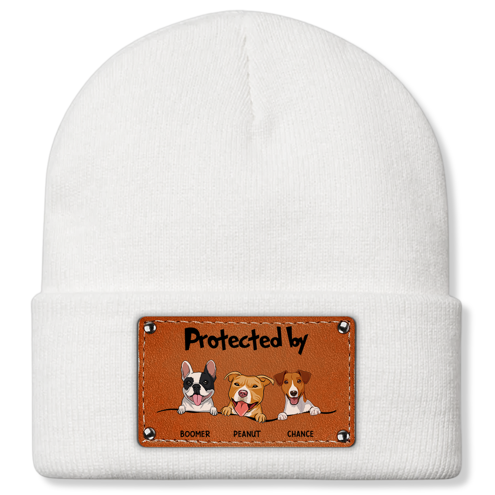 Personalized 'Protected by' Knit Hat with Dog Illustration, Customizable for Loved Ones