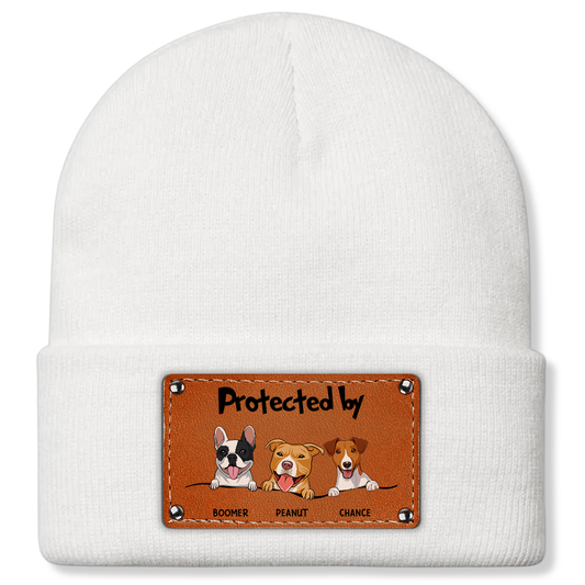 Personalized 'Protected by' Knit Hat with Dog Illustration, Customizable for Loved Ones