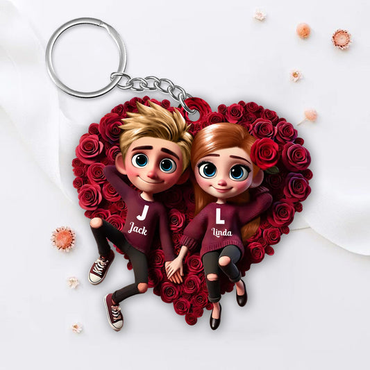 Romantic Rose Heart Couple Keychain - Personalized Valentine's Day Gift