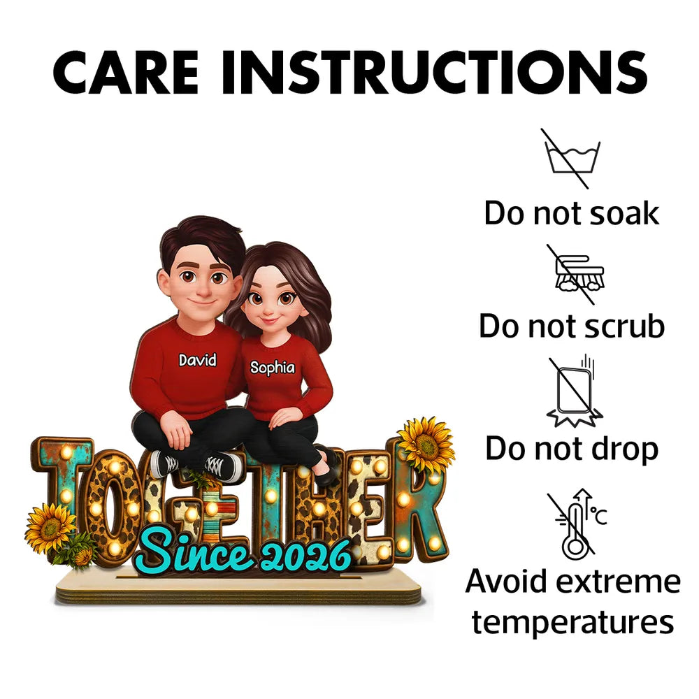 2-Layer Wooden Plaque with Cute Cartoon Couple Sitting Together, Sweet Home Decor Keepsake Gift