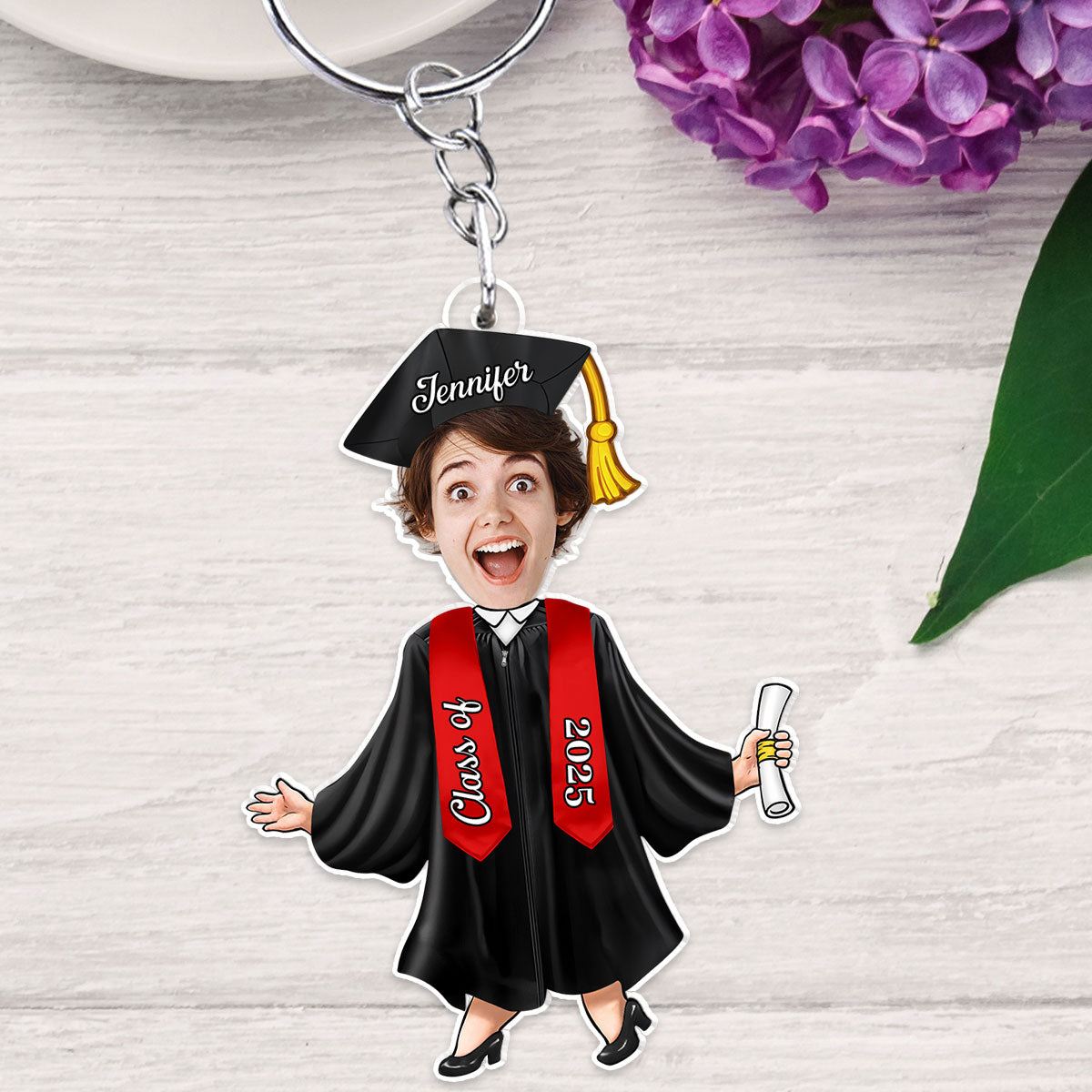 Custom Graduation Face-Cutout Acrylic Keychain – Cap, Gown & Diploma, Funny Keepsake Gift for the New Grad
