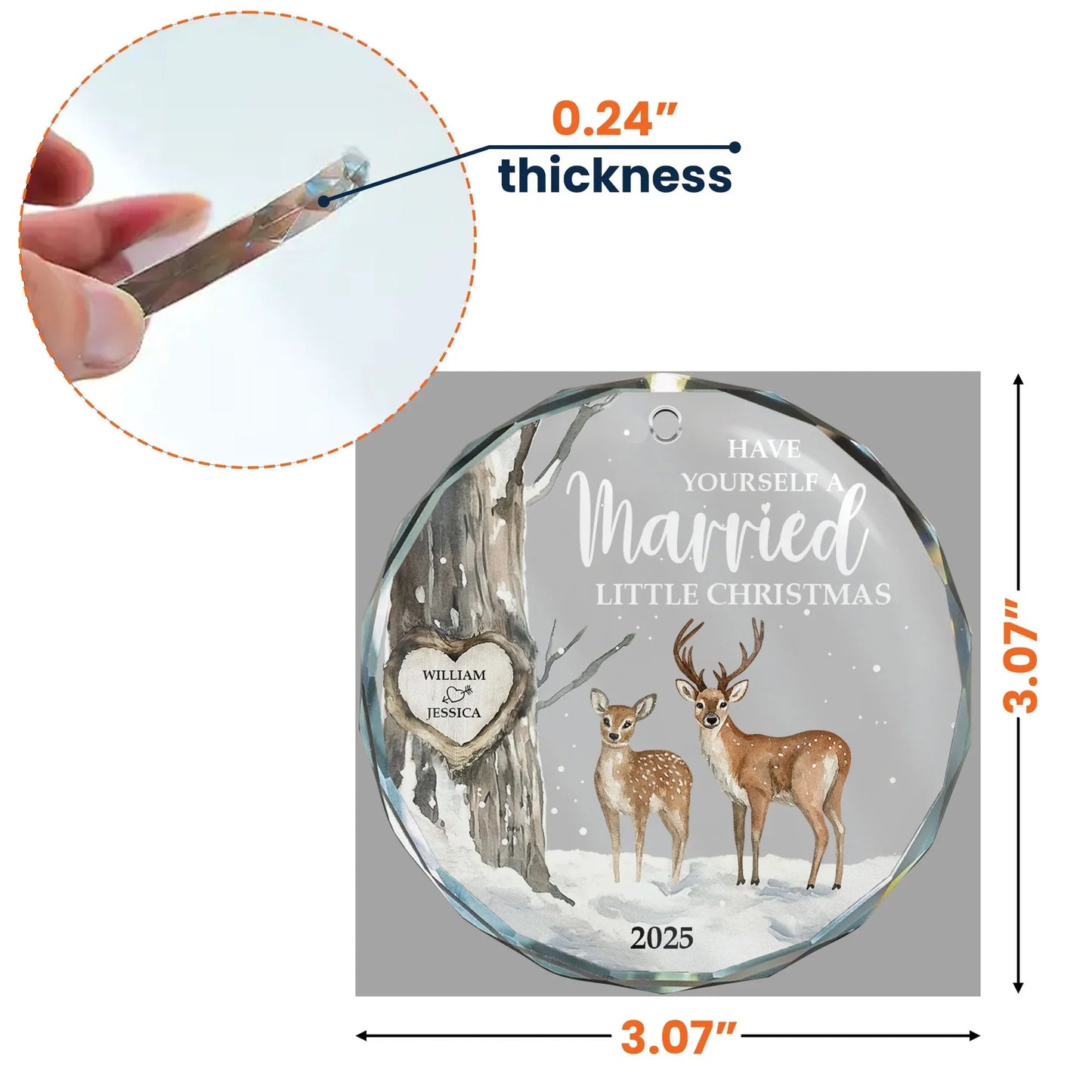 Crystal Ornament with Deer in Snowy Forest, Married Christmas Theme, Heartfelt Holiday Decoration, Perfect Gift for Couples