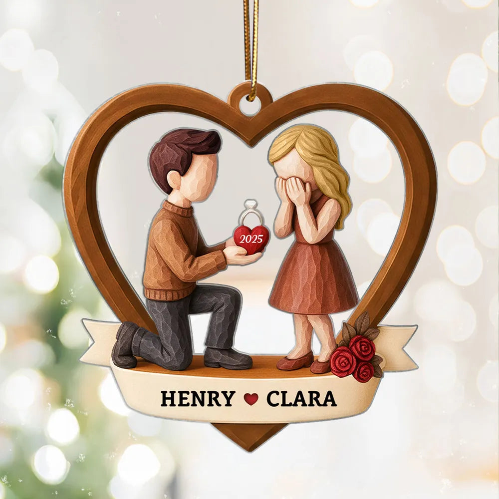 Personalized Couple Proposal Acrylic Ornament, Kneeling Engagement Moment in Heart Frame, Unique Romantic Gift