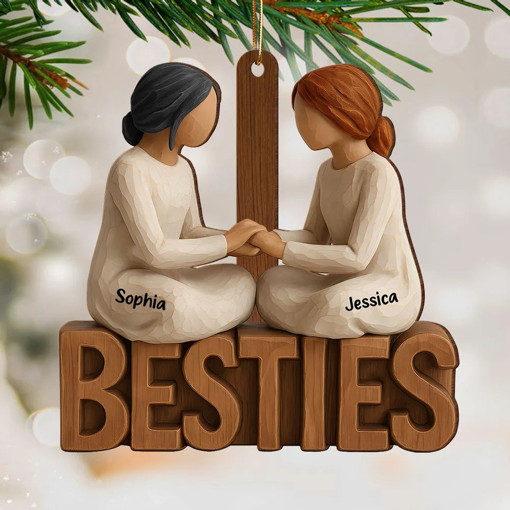 Wooden Ornament Besties Hand-in-Hand, Minimalist Carved Wood Design, Unique Gift for Best Friend, Ready to Hang