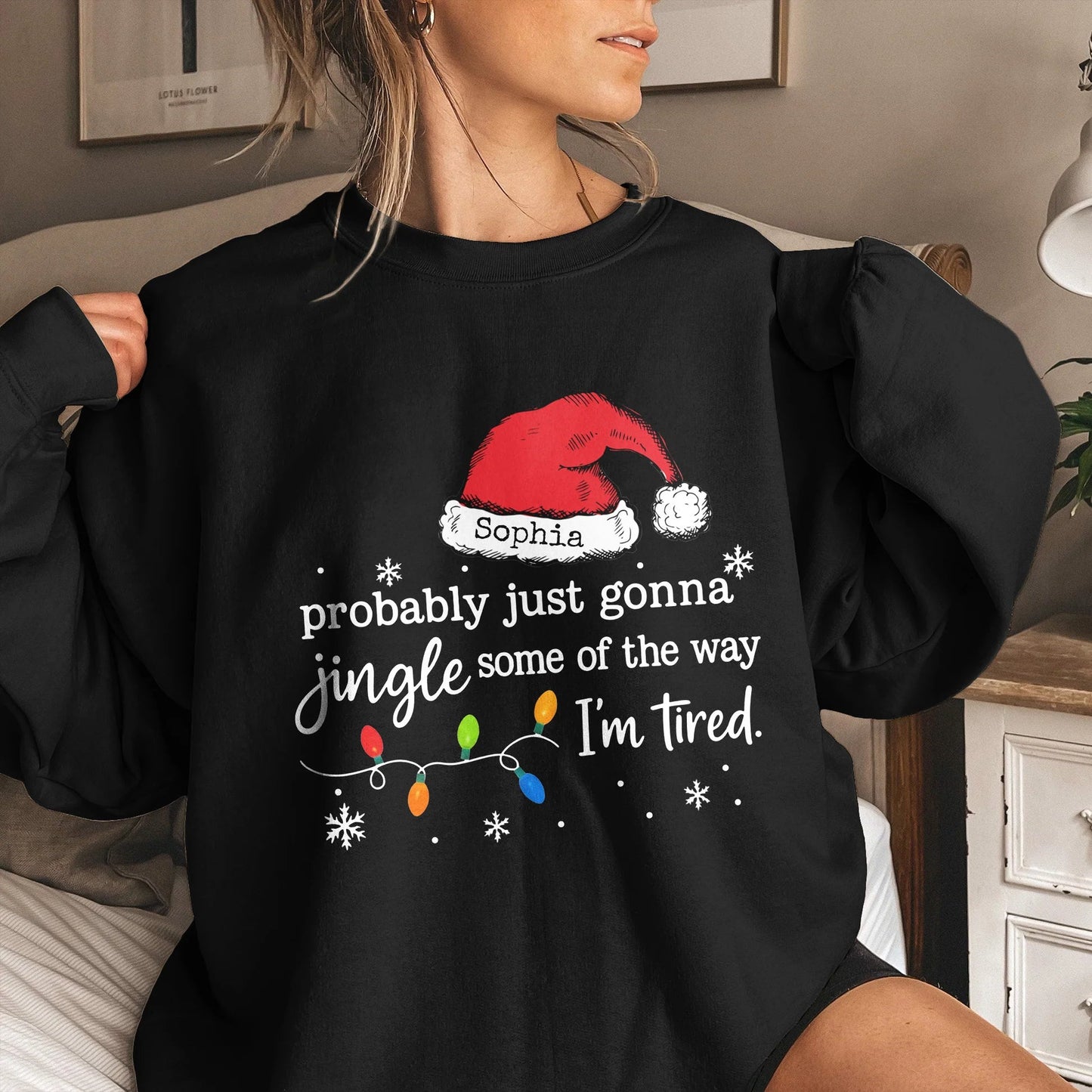 Custom Name Classic Tee with Santa Hat and Lights, Hilarious Christmas Shirt for Parties, A Unique Relaxed Holiday Gift