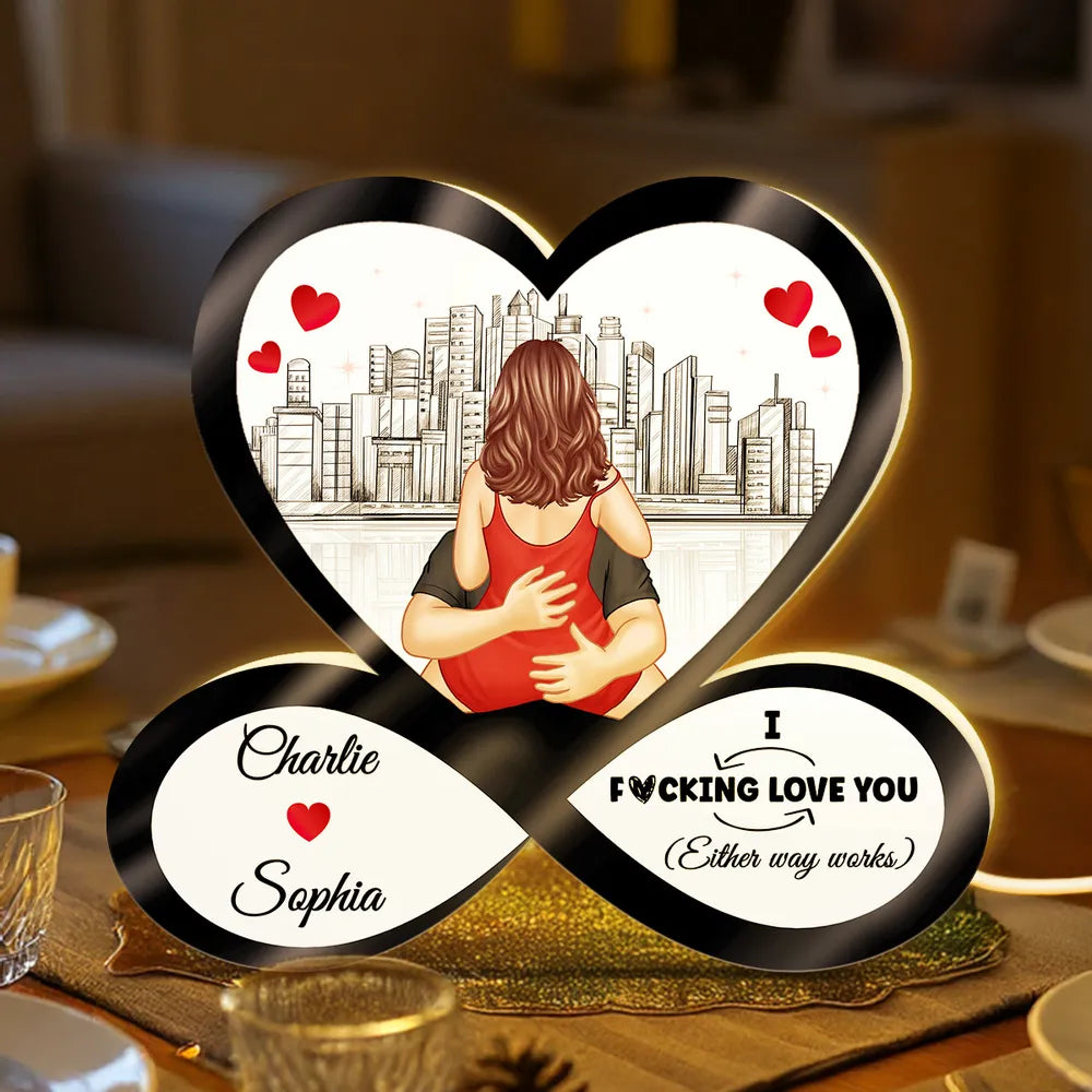 Funny Romantic Couple Acrylic Light Box, Personalized Infinity Heart Skyline Design - Warm Glow Keepsake Gift for Couples
