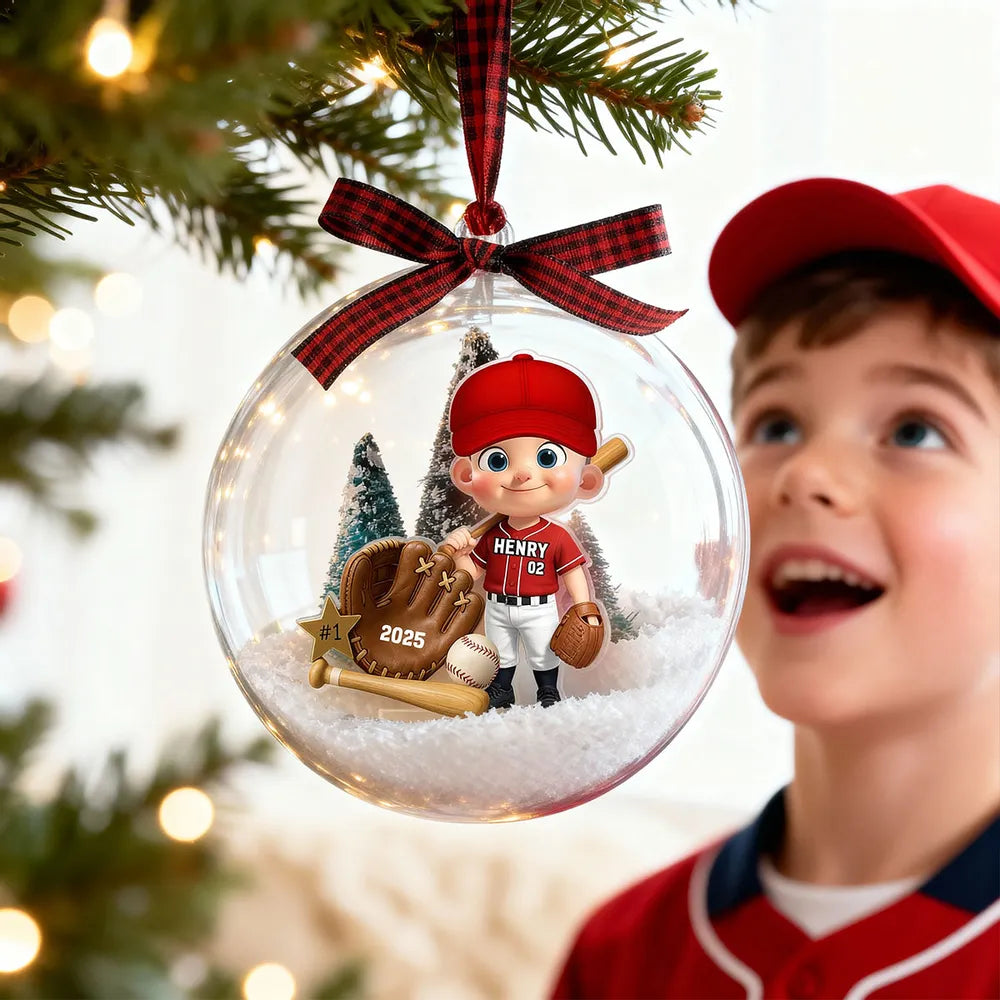 Snow Globe Ornament with Baseball Player - Personalized, Clear Acrylic, Winter Scene, a Unique Gift for Kids & Grandkids
