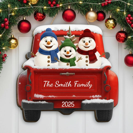 Snowman Family Wooden Sign Personalized for Christmas Door or Kitchen, Cute Red Truck Holiday Decoration & Creative Gift