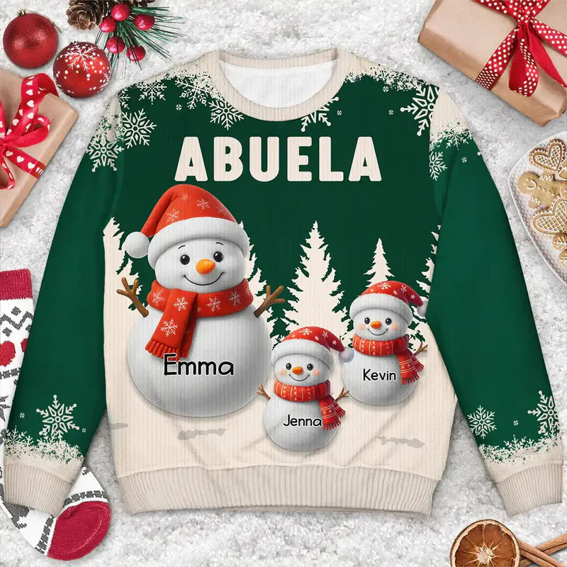 Personalized Grandma Printed Sweatshirt with Cute Snowman Grandkids, Cozy Christmas Gift for Nana