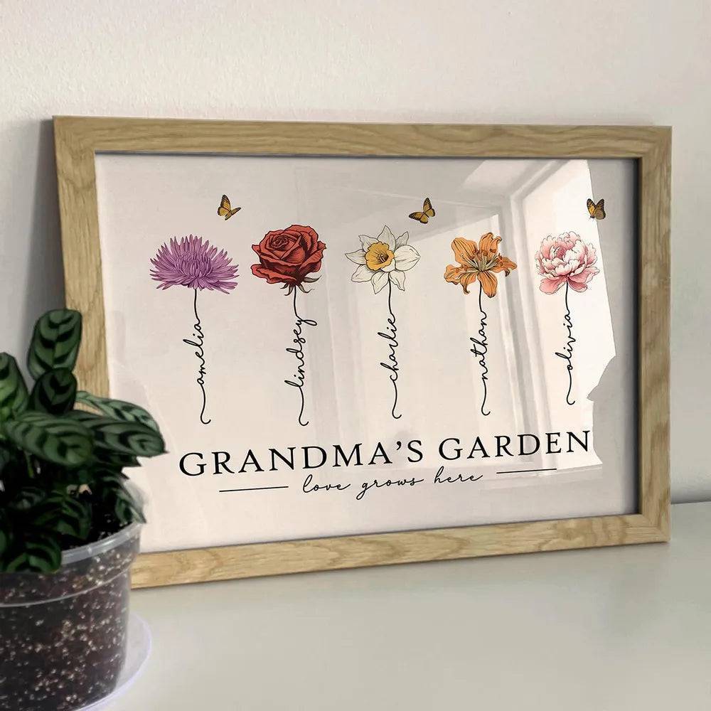 Grandma's Garden Love Grows Here Beautiful Birth Month Flower Gift For Grandma Mom Personalized Cup or Poster or Canvas, Keychain, Plaque, Wallet Card, Pillow