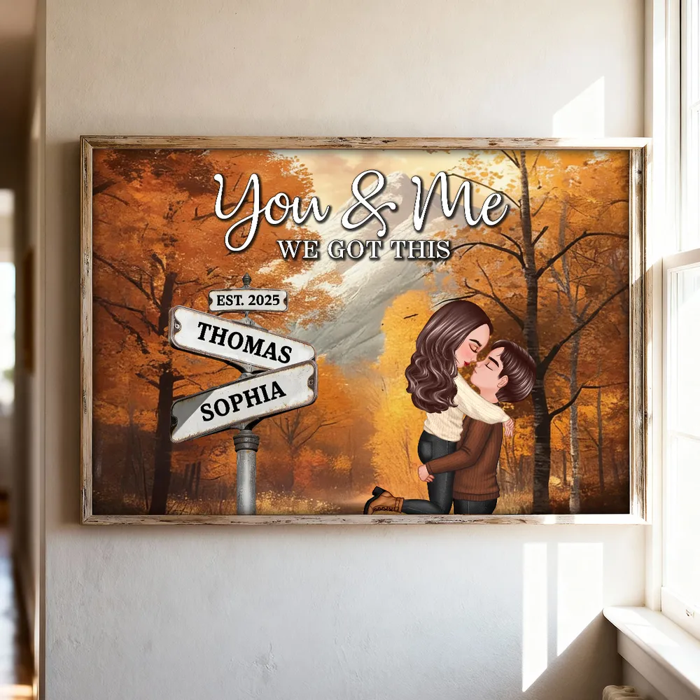 Personalized Couple Kissing at Crossroads Street Sign Poster, Cozy Autumn Wall Art, Unique Gift for Couples