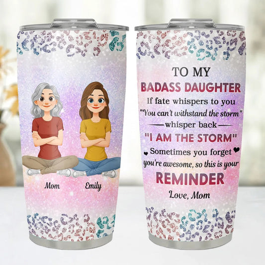 Personalized Insulated Travel Tumbler with Cute Cartoon Mom and Daughter - Unique Gift for Her, Bright Leopard Glitter Style