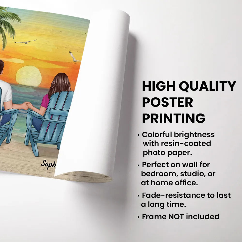 Personalized Beach Sunset Couple Poster, Holding Hands in Adirondack Chairs, Life is Too Short But Happy, Unique Gift