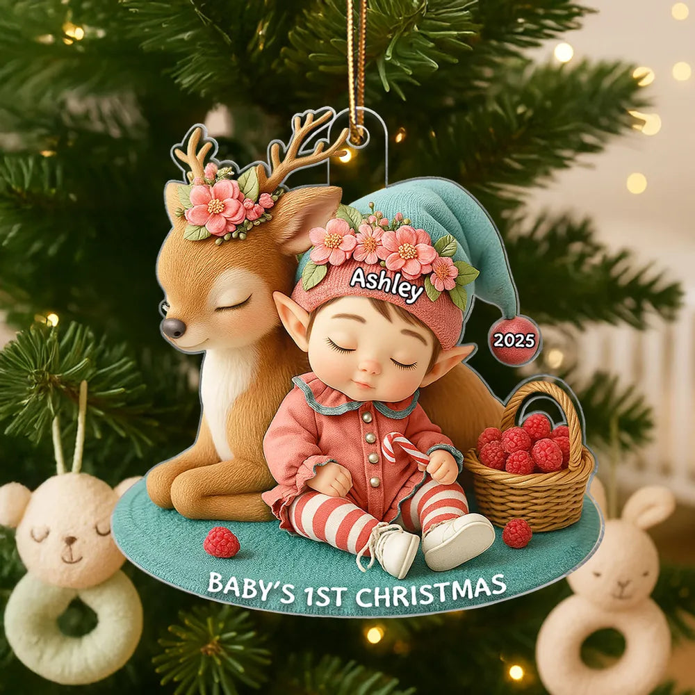Acrylic Ornament – “Baby’s 1st Christmas” Deer-&-Elf Keepsake