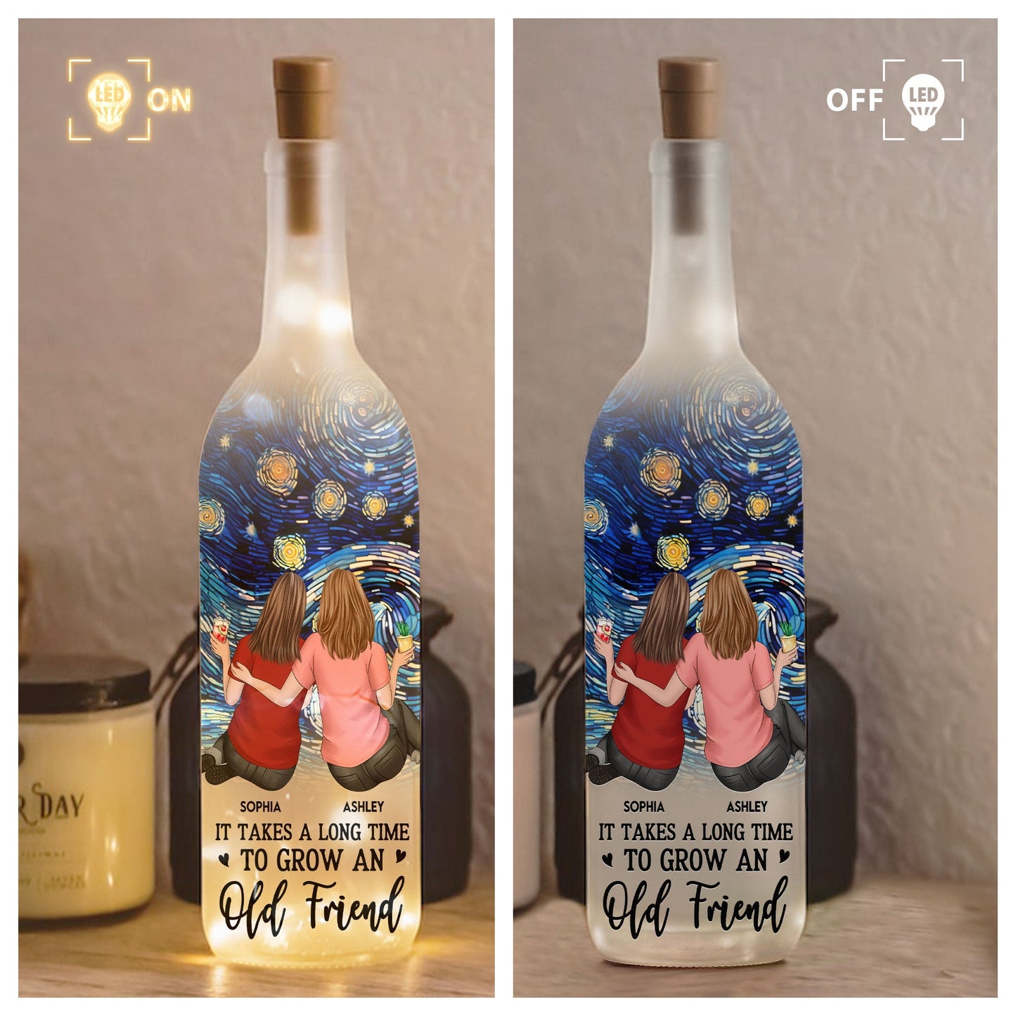 Bottle Lamp with Starry Sky Art, Hugging Friends Scene, Cozy Glow Decor, A Unique Gift for Best Friend
