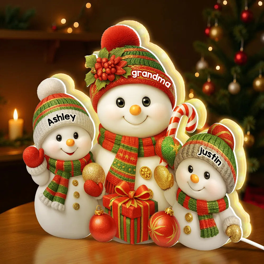 Personalized Acrylic Light Box with Grandma Snowman & Grandkids, Soft Warm Glow Christmas Décor, Unique Gift for Grandma