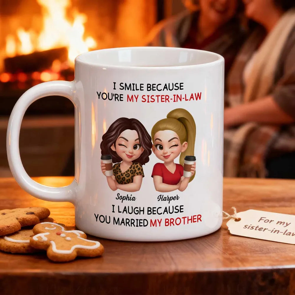 Sister-in-Law Mug with Cute Cartoon Art, playful coffee joke, cozy morning sips, a unique gift for your sister-in-law