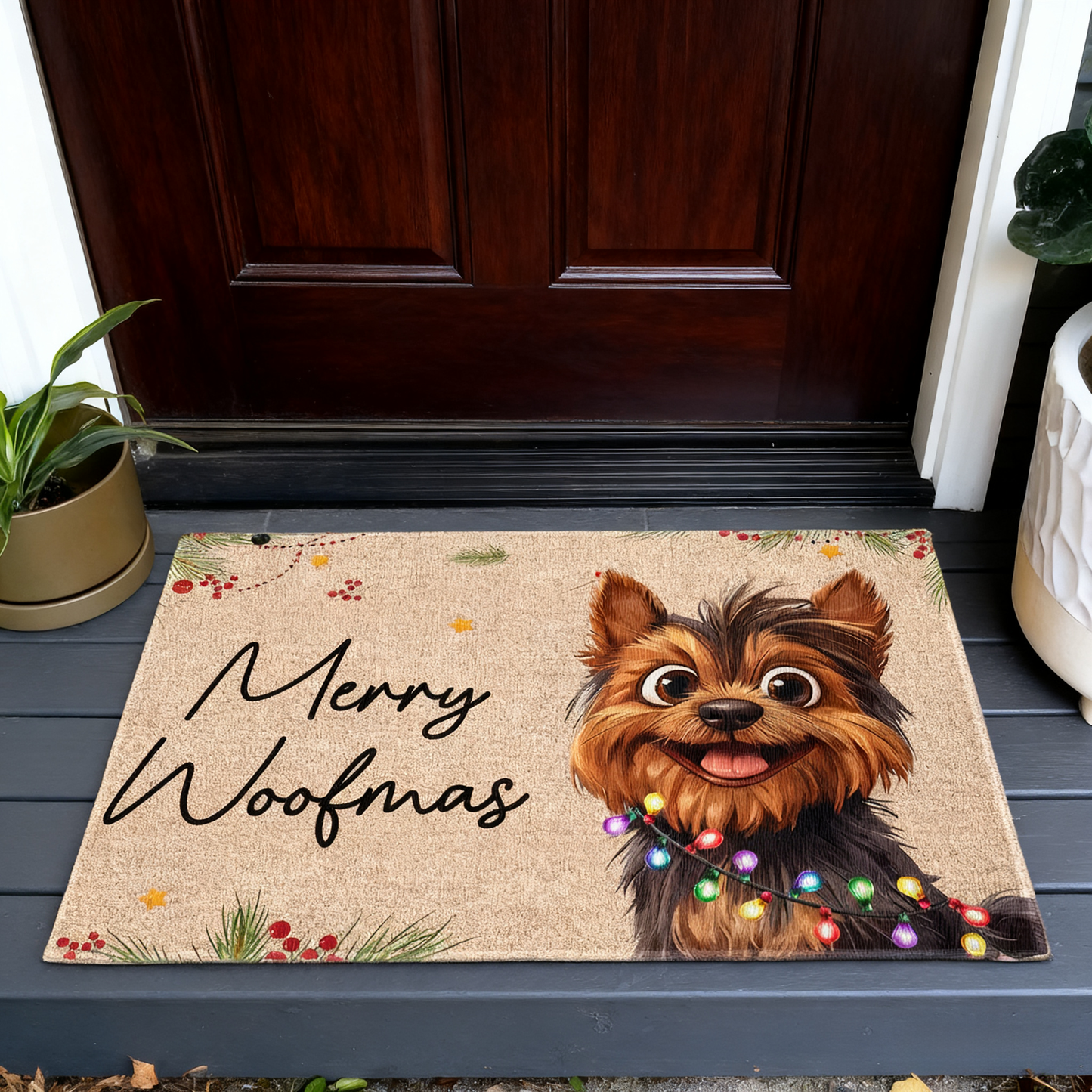 Yorkie Christmas Doormat | Cheerful Holiday Lights Design, Gift-Ready Mat for Pet Families