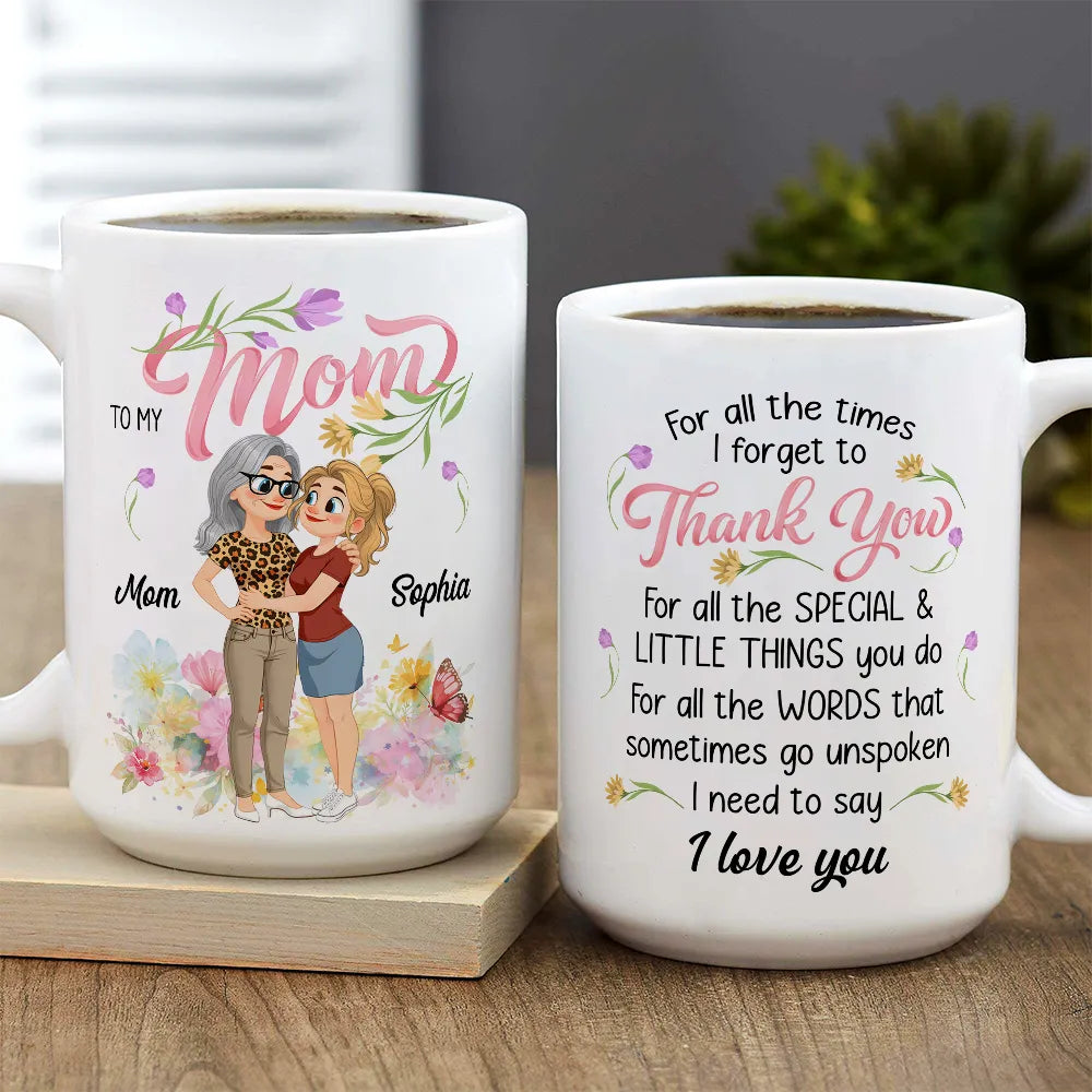 Personalized Ceramic Mug for Mom - Custom Hugging Mom and Daughter Design, Floral Thank You Quote, Unique Gift