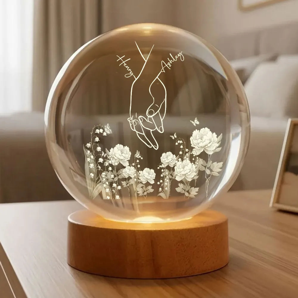 Personalized Globe Lamp with Couple Holding Hands Line Art, Cozy Nightstand Decor, Unique Gift for Him or Her