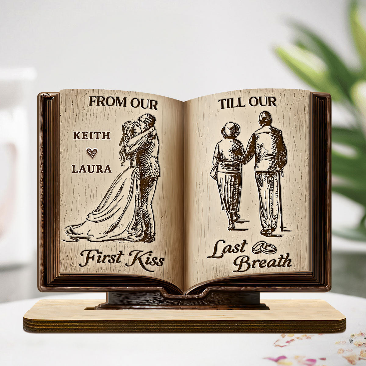 Personalized 2-Layer Wooden Plaque Book for Couples From First Kiss to Last Breath, Romantic Keepsake & Unique Anniversary Gift