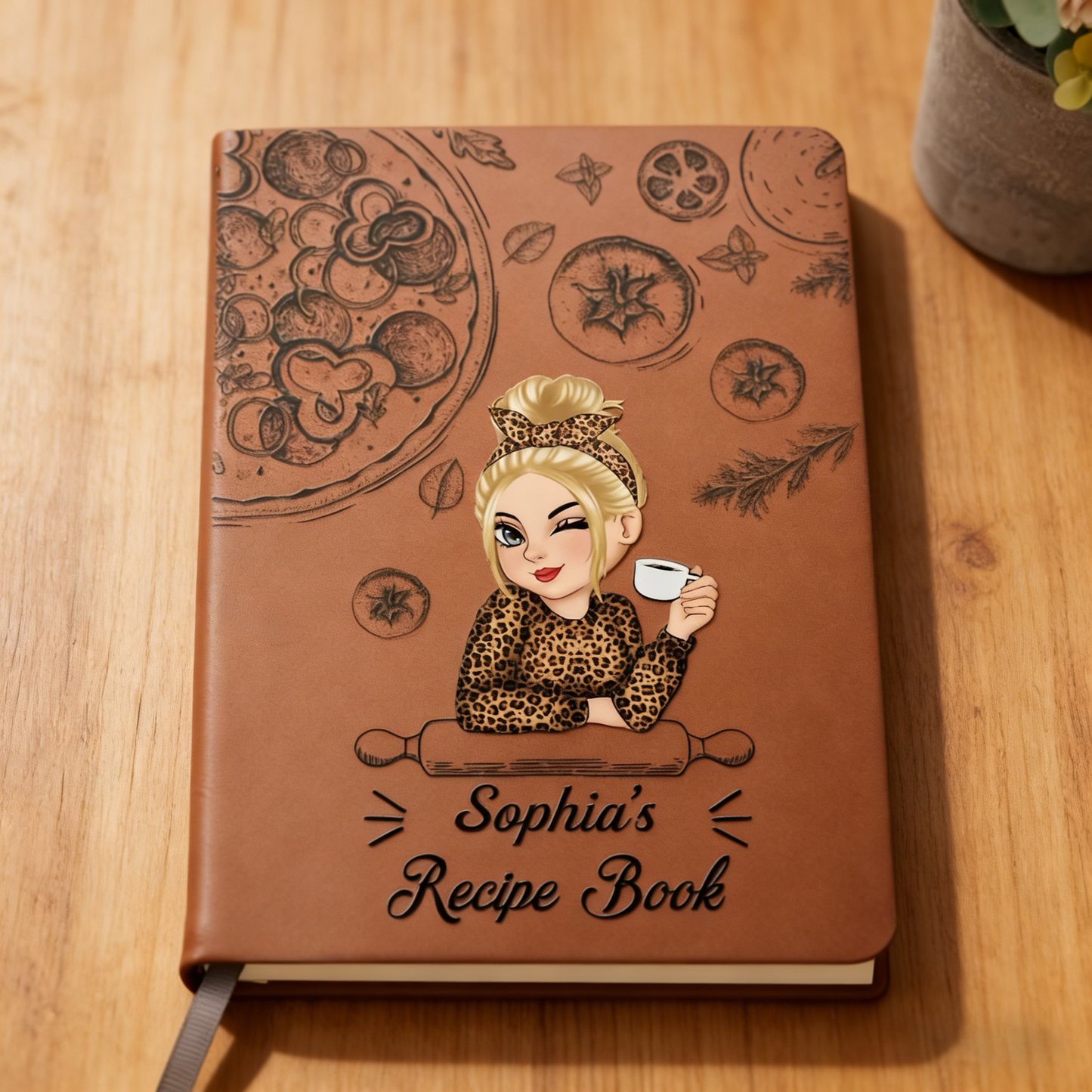 Personalized Leather Recipe Book with Custom Name, Cute Illustrated Cooking Journal Gift for Mom or Home Chef