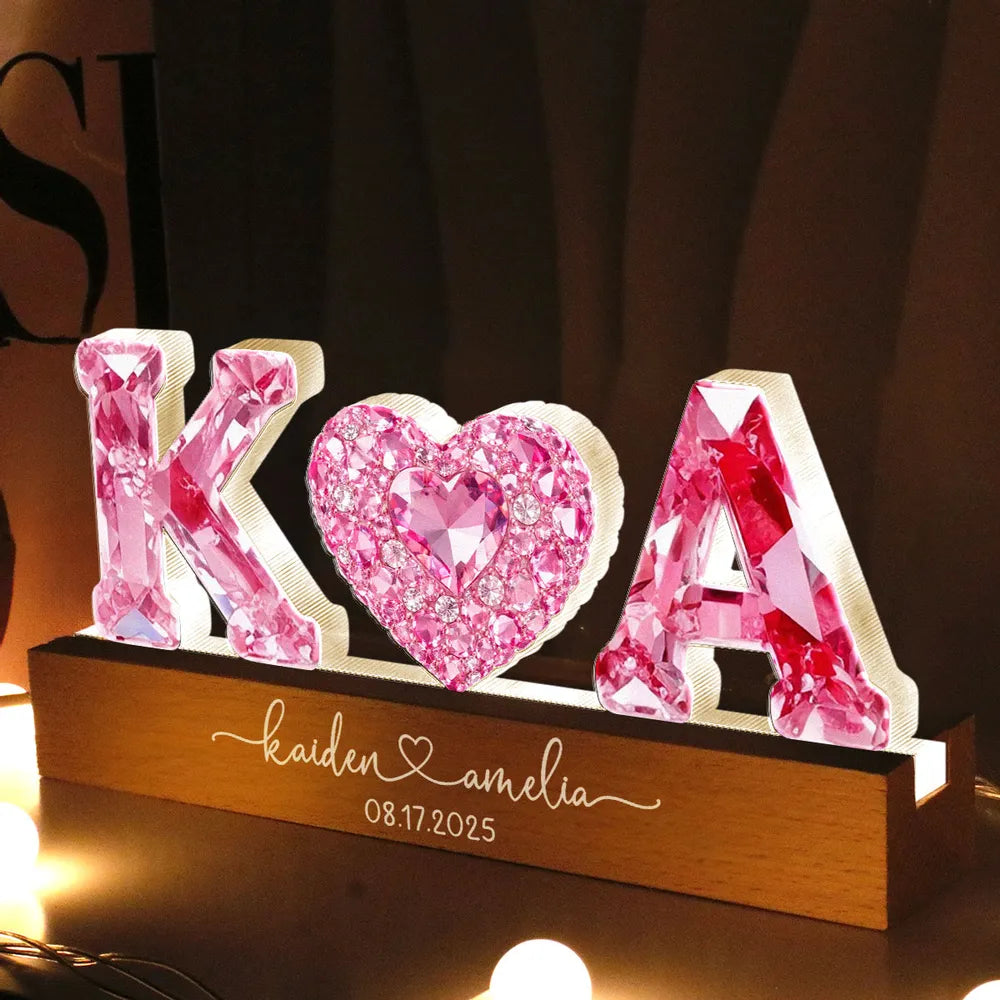Personalized Shaped Acrylic Block LED Plaque With Initials & Heart, Romantic Nightstand Decor, Unique Gift for Couples