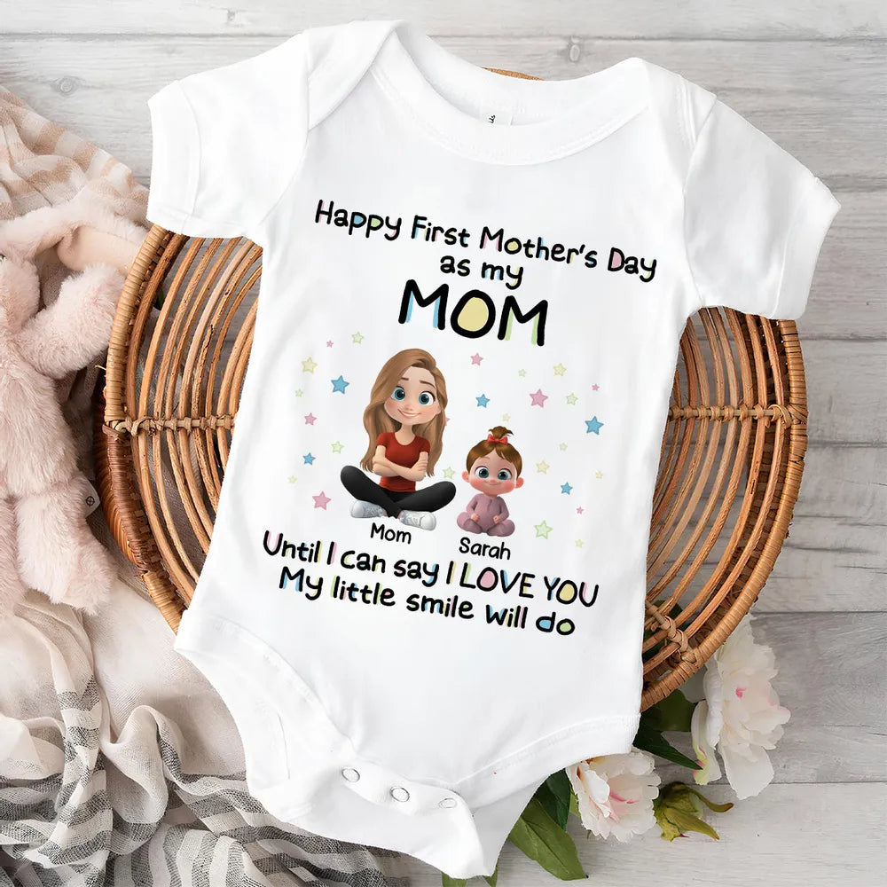 Personalized Short Sleeve Baby Onesie Happy First Mother's Day as My Mom Cute Cartoon Mom & Baby Gift