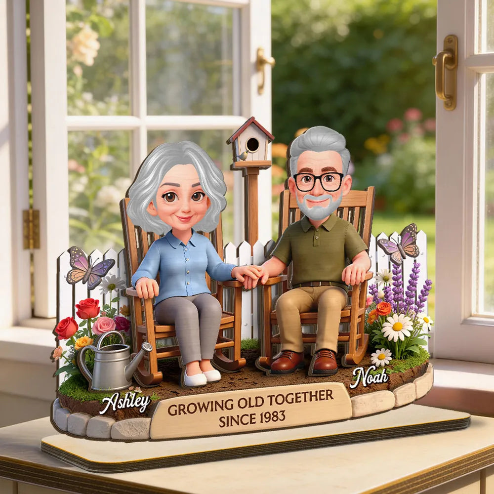 Personalized 2-Layer Wooden Plaque with Couple in Garden Rocking Chairs, Growing Old Together Unique Gift for Husband or Wife