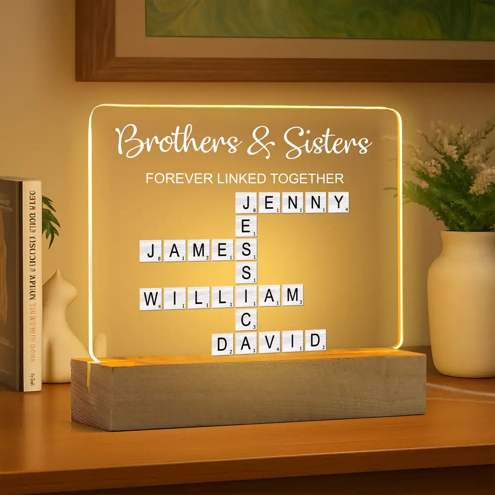 LED Light Plaque – Brothers & Sisters Crossword Names, “Forever Linked Together” Personalized Sibling Gift