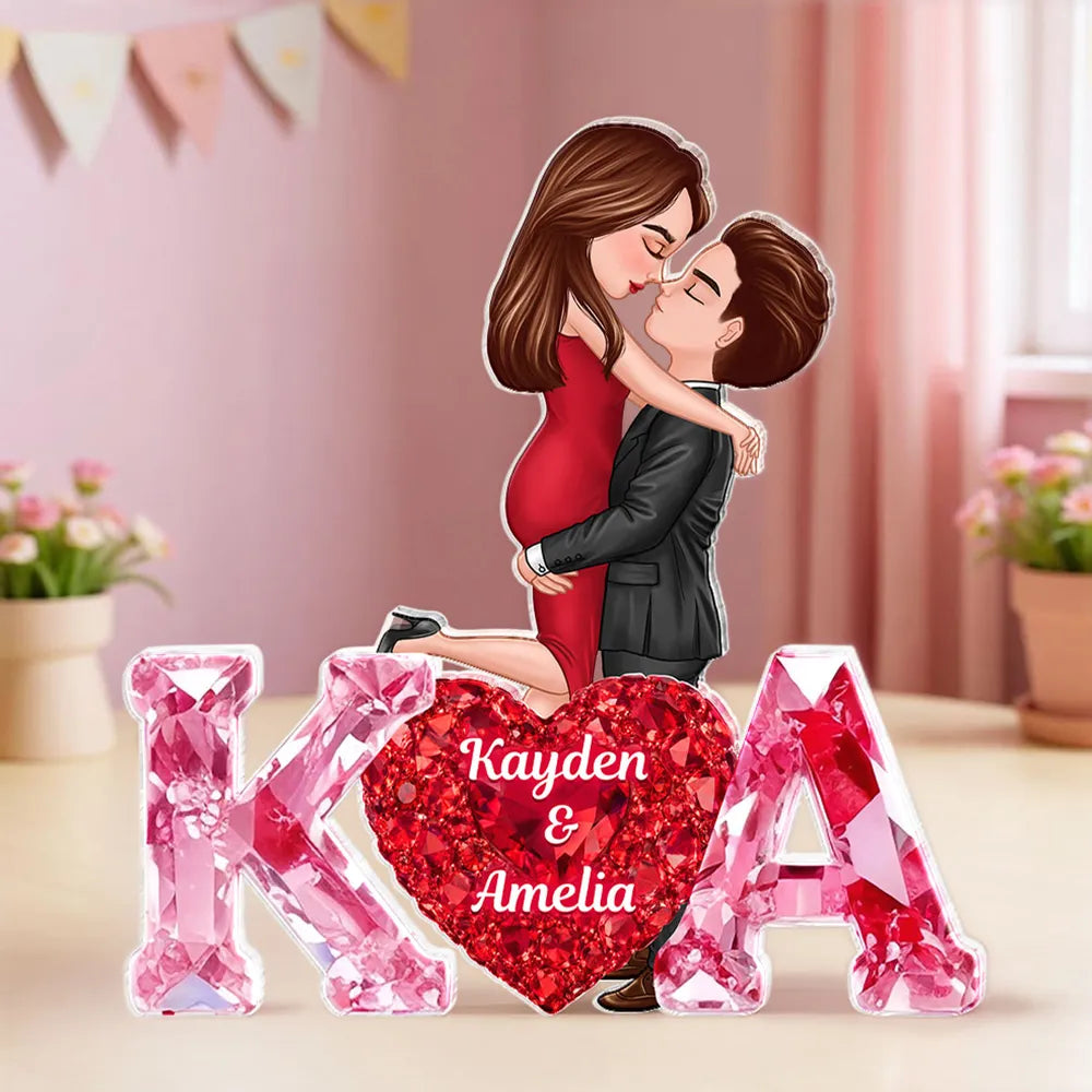 Personalized Shaped Acrylic Block Plaque With Couple Kissing Above Heart Initials, Unique Romantic Gift for Her or Him