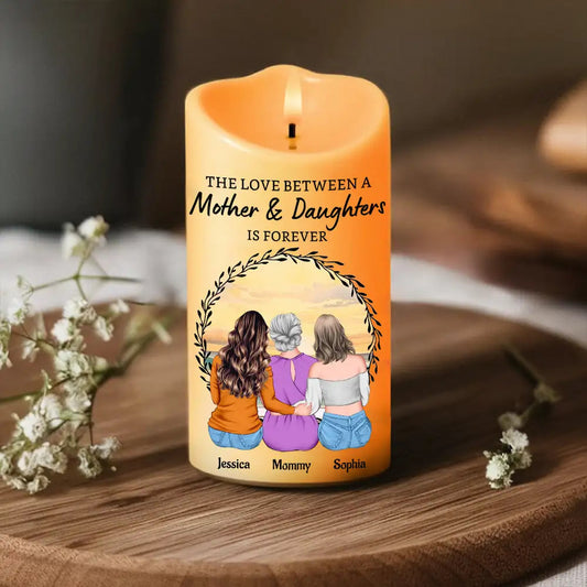 Love Is Forever - Custom Mother‑Daughters Glow Candle, Sunset Back‑View Illustration, Safe Wax‑Like Lamp Gift
