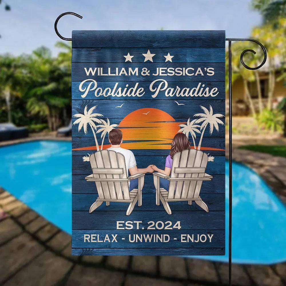 Relaxing Poolside Paradise Decor with Optional Flag Background Couple Sitting Personalized Sign, Flag, Vase - Perfect for Garden, Housewarming, Birthday, Anniversary Gift for Him, Her