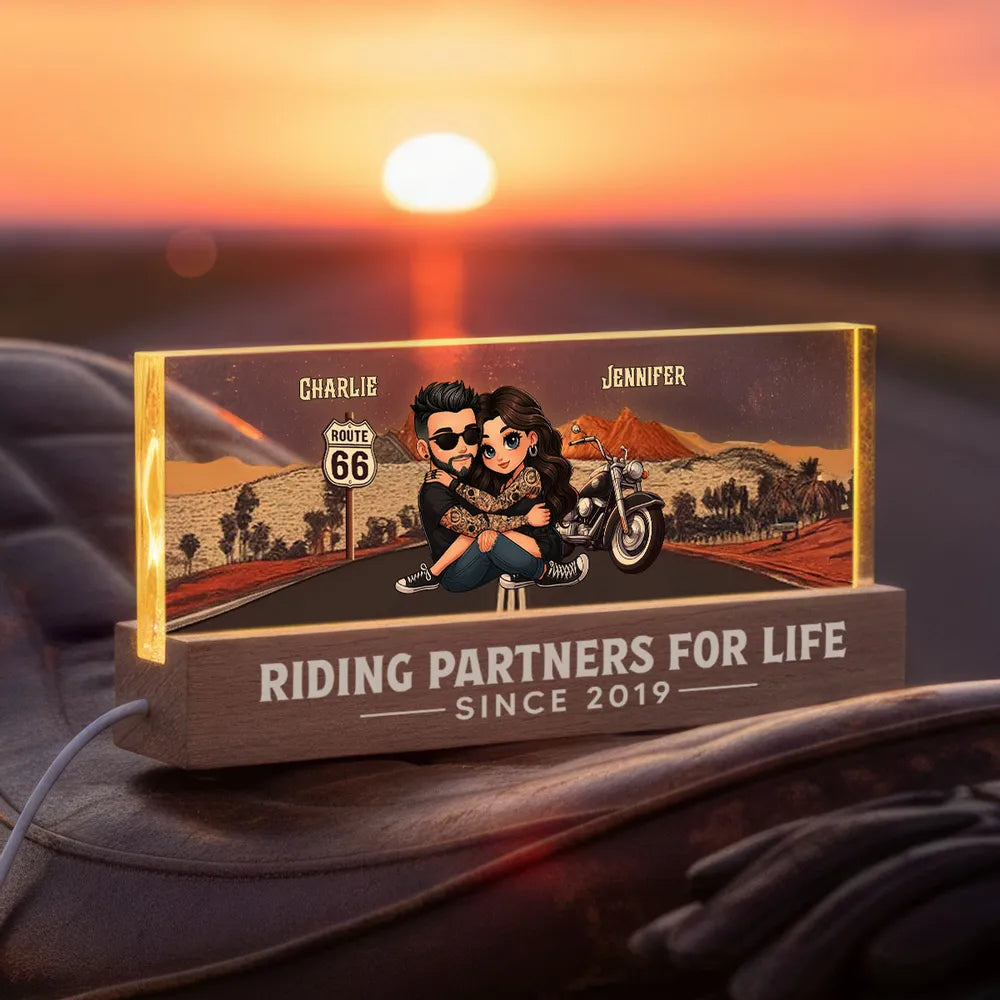 Personalized Block LED Light Plaque for Biker Couple Hugging by Route 66 Sunset Unique Romantic Gift for Him or Her