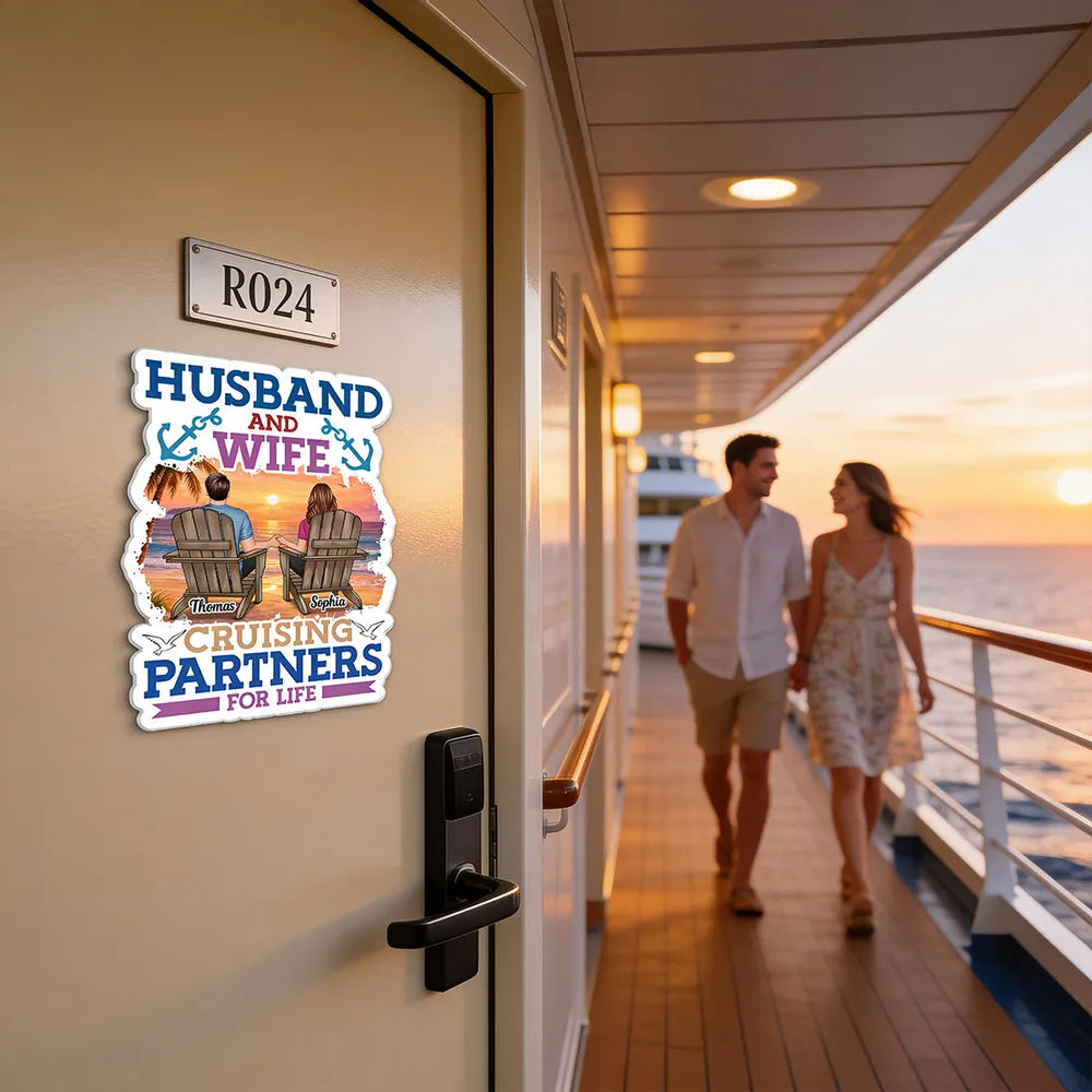 Personalized Acrylic Magnet Cruise Couple Sunset Beach Chairs 'Cruising Partners for Life' Unique Gift for Husband & Wife