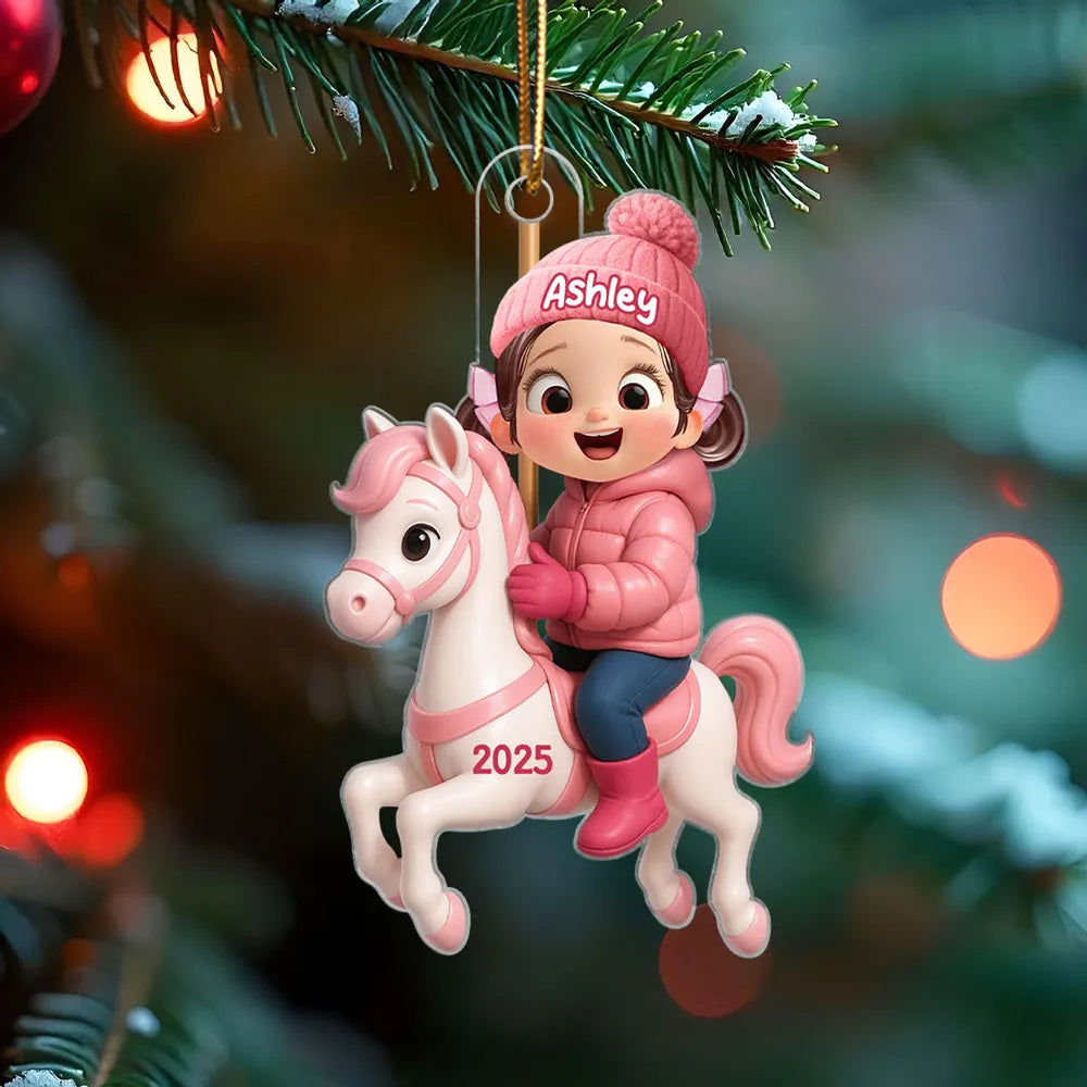 Girl Riding Horse Acrylic Ornament – Personalized Christmas Gift for Kids, Heartwarming Family House Keepsake