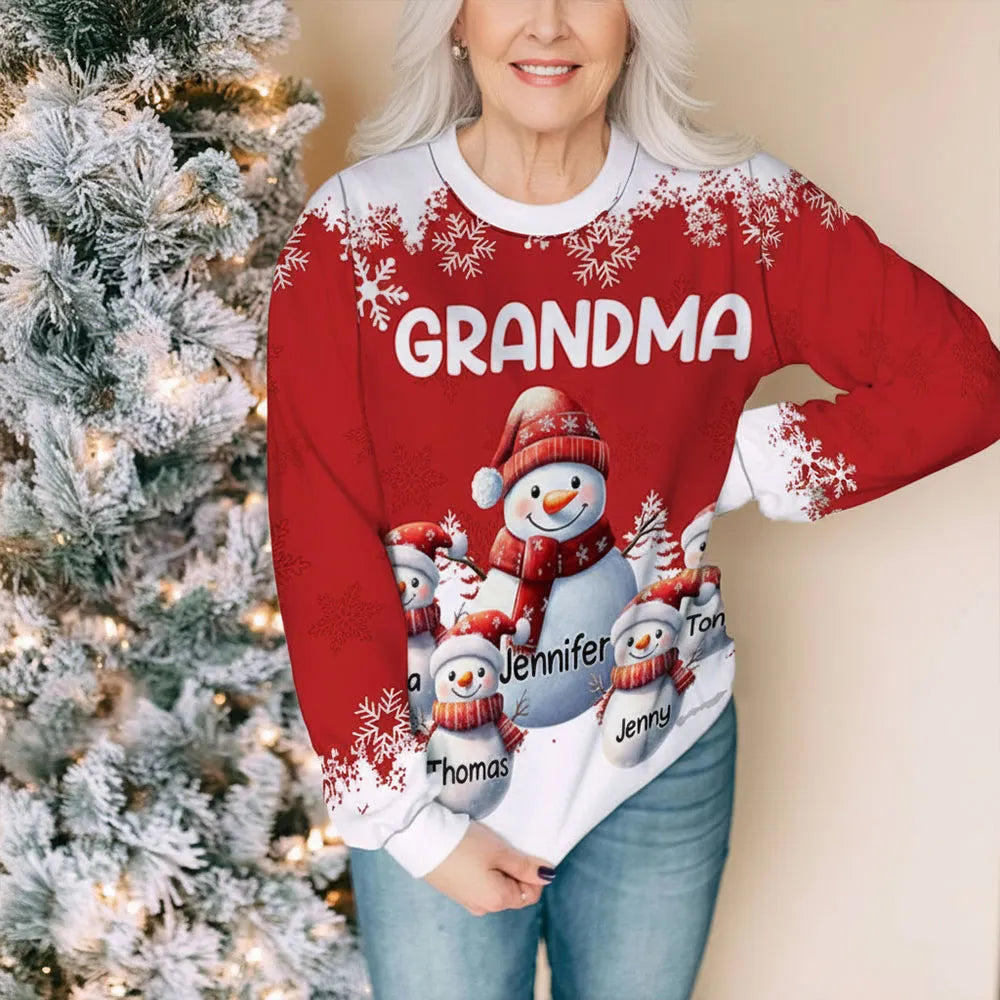 Snowman Family Sweatshirt, Personalized All-Over Print for Grandma, Festive Red, Snowy Forest vibe, a unique Christmas gift