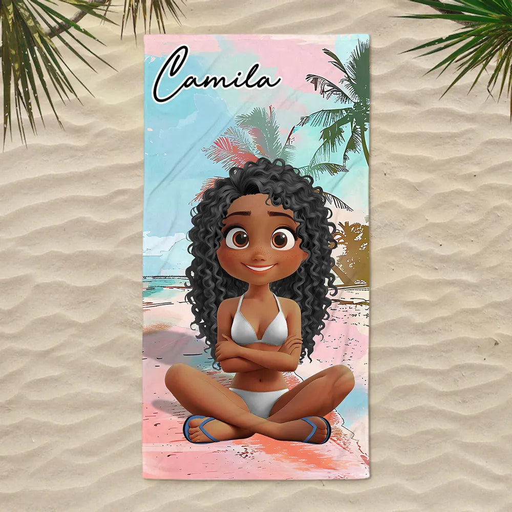 Personalized Beach Towel with Cartoon Girl – Summer Beach Gift for Her, Custom Name Towel for Vacation and Pool Days