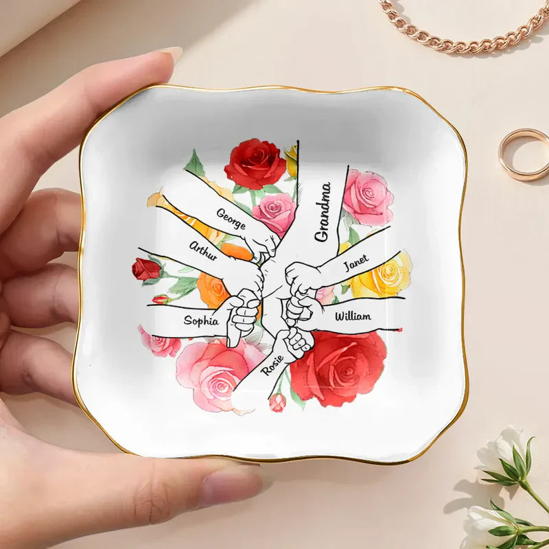 Personalized Jewelry Dish with Hand In Hand Floral Design, Sweet Vanity Decor, Unique Gift for Mom or Grandma