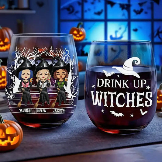 Drink Up Witches Halloween Wine Glass – Custom Witch Sisters Sitting on Bench – Spooky Gift for Best Friends or Sisters