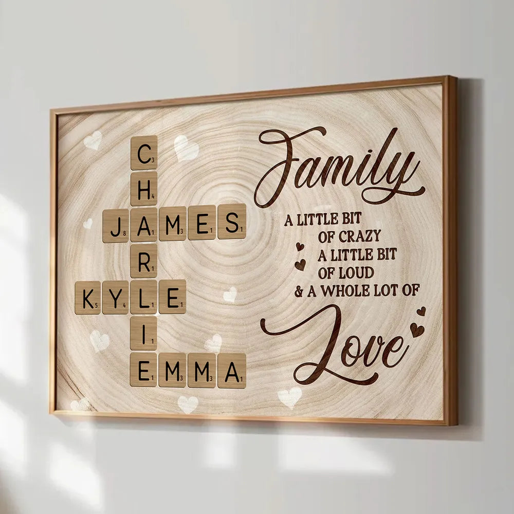 Personalized Family Crossword Poster Wall Art, Rustic Wood Look, Unique Gift for Mom for a Whole Lot of Love